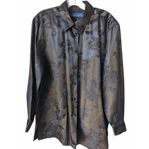 Karen Scott Size S Silky Polyester Rayon Button Black Blouse Shirt Long Sleeves
